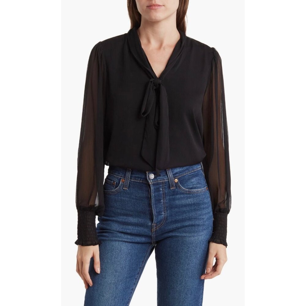 Pleione Womens Tie Neck Long Sheer Sleeve Blouse Black Layered size Large